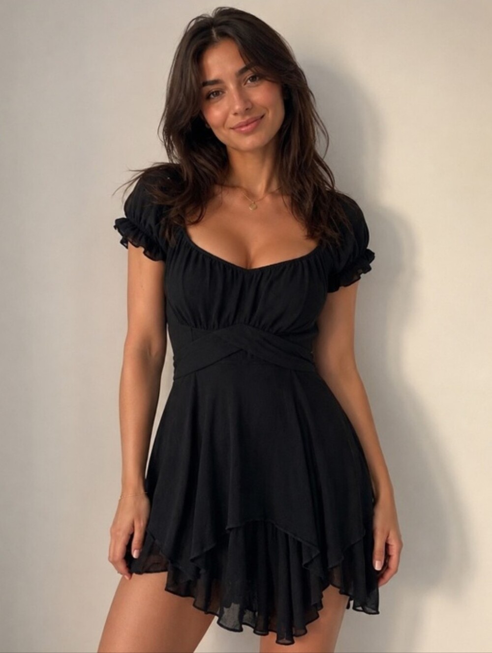 Altar'd State Black Puff Sleeve Tiered Mini Romper Dress XS